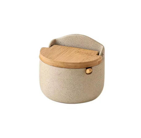 Beige container with a wooden lid on a white background