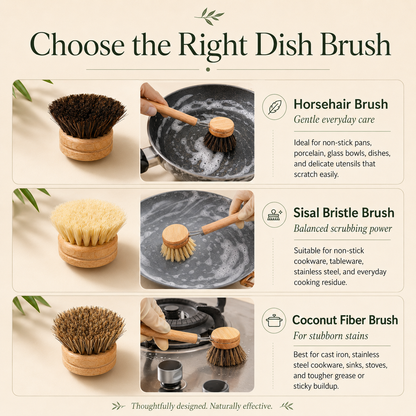 Infographic on choosing the right dish brush with images and text descriptions.