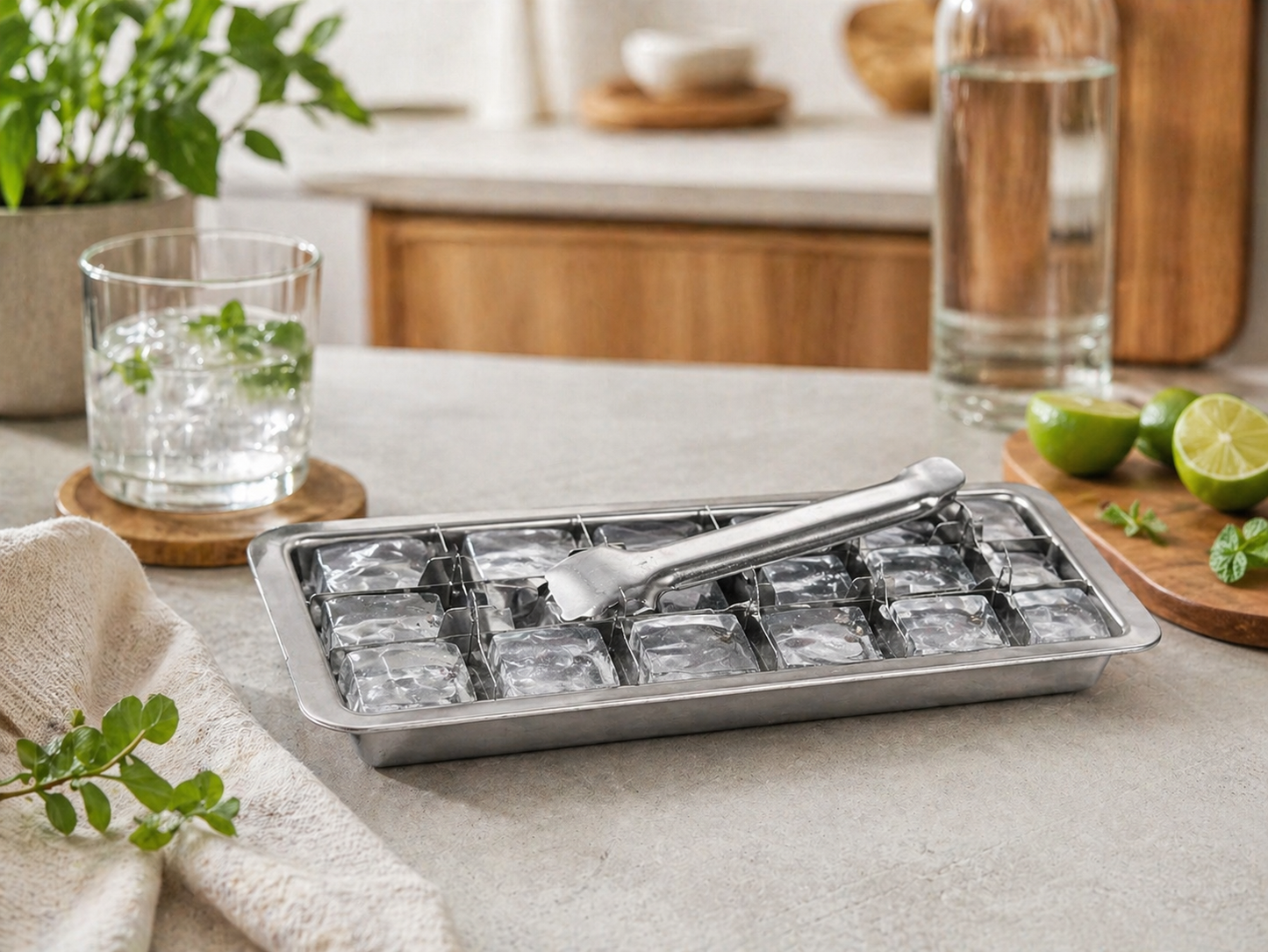 Stainless steel ice cube tray with release handle