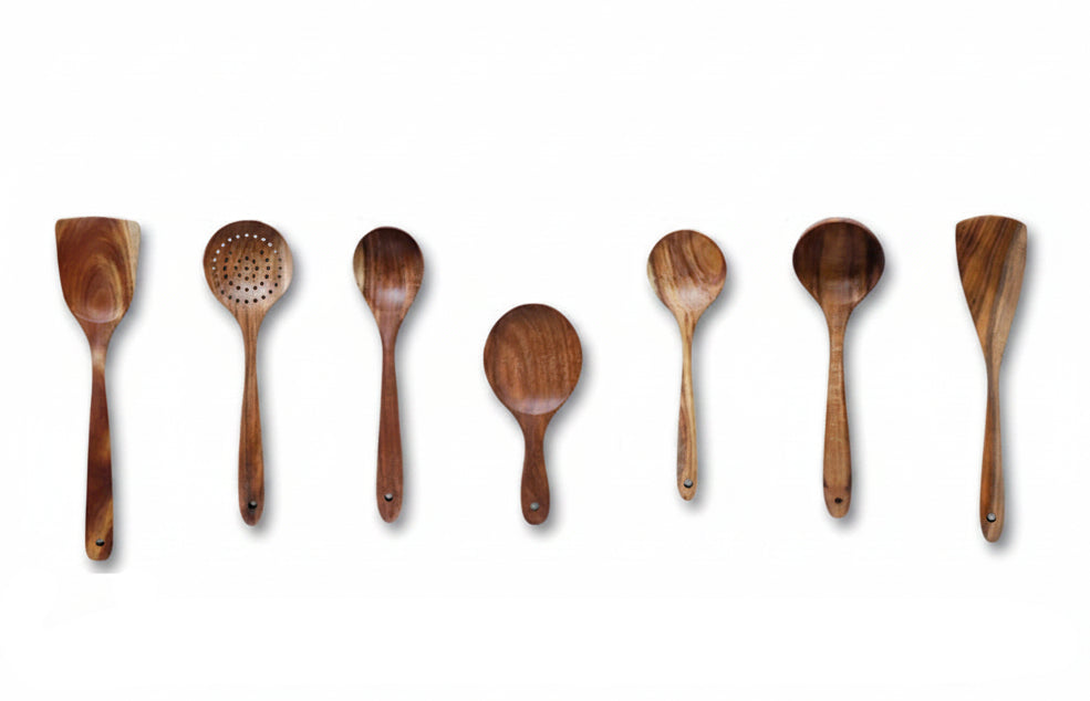 Teak kitchen utensils set with dimensions and weights on a white background