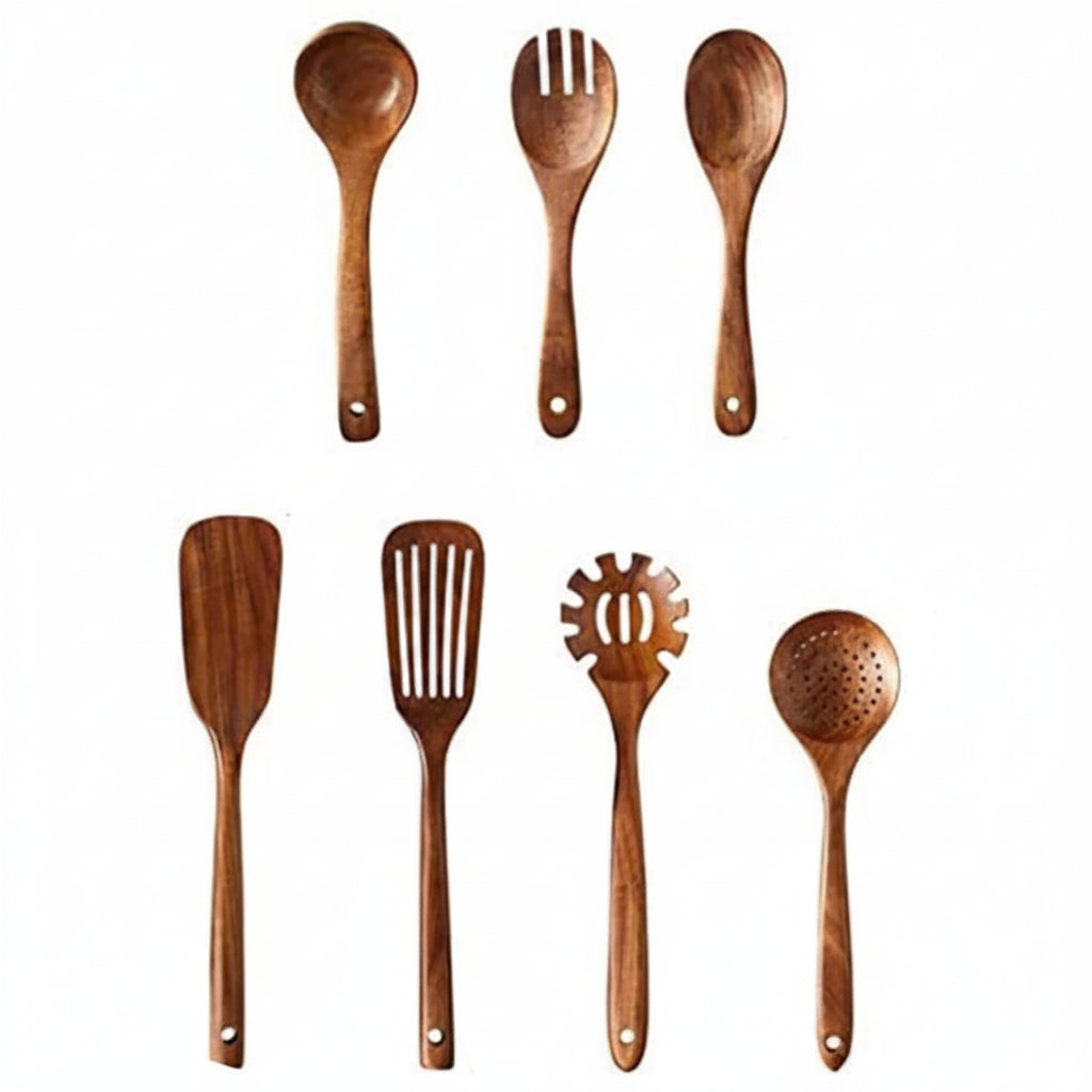 Set of wooden kitchen utensils with measurements on a white background