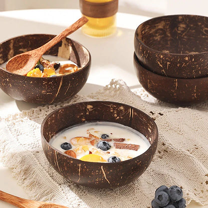 Coconut bowls with a breakfast mix on a textured surface