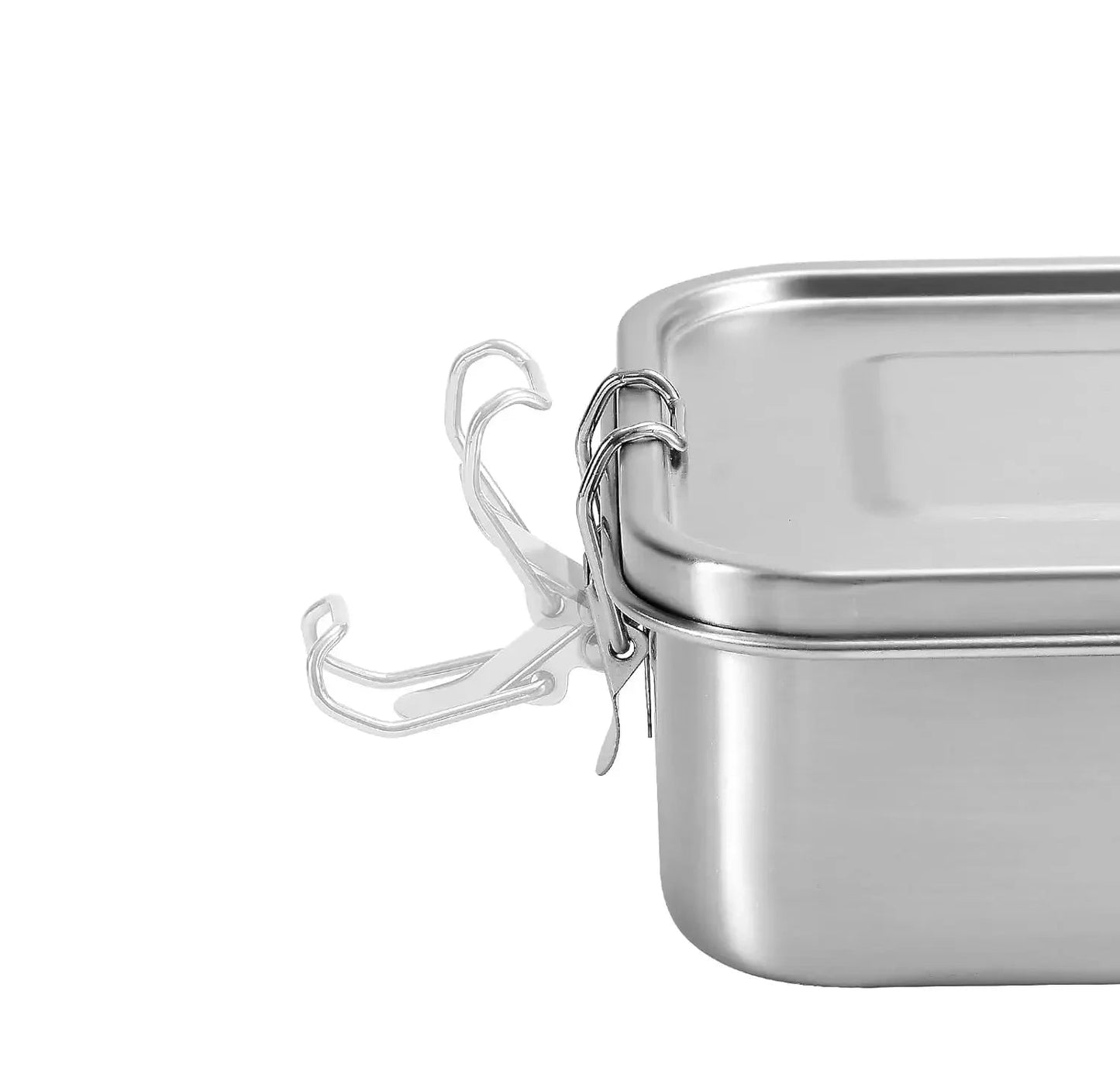 Stainless steel lunch box with dynamic safety sealing clasp, dishwasher safe, and BPA free labels.