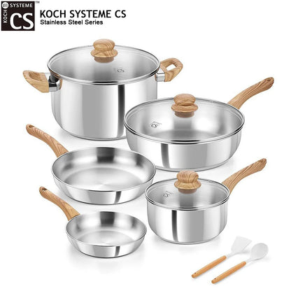 Set of stainless steel cookware with wooden handles and lids on a white background, featuring Koch Systeme CS branding.