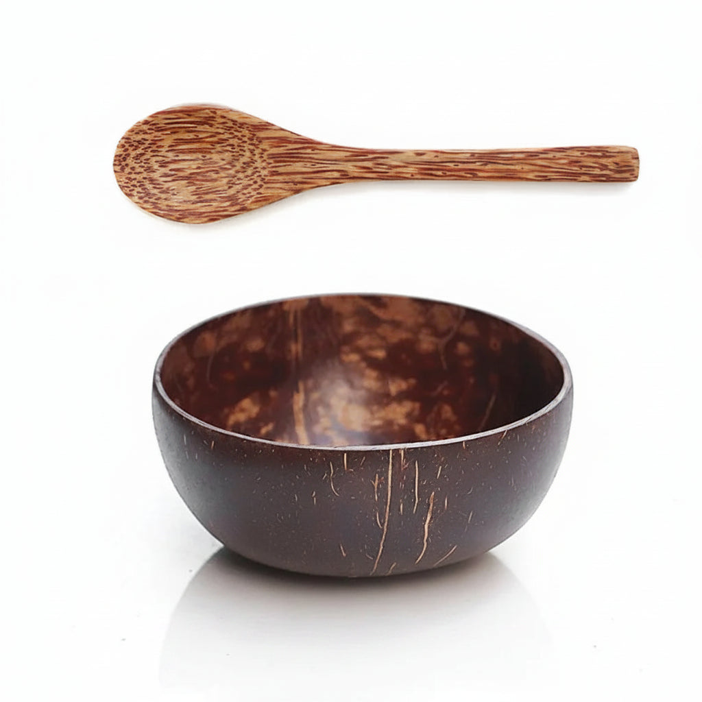 Coconut bowl and wooden spoon with measurements on a white background