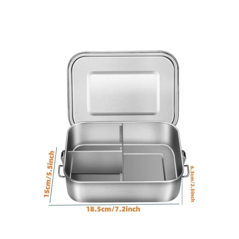 Stainless steel lunch box with compartments and measurements on a white background