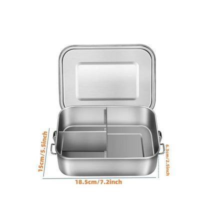 Stainless steel lunch box with compartments and measurements on a white background