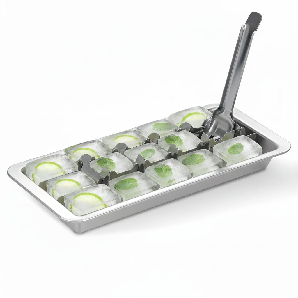 Stainless steel ice cube tray with release handle