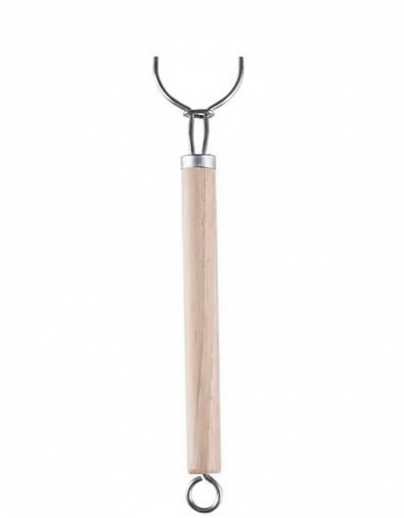 Brush handle with wooden handle and metal hook on a white background