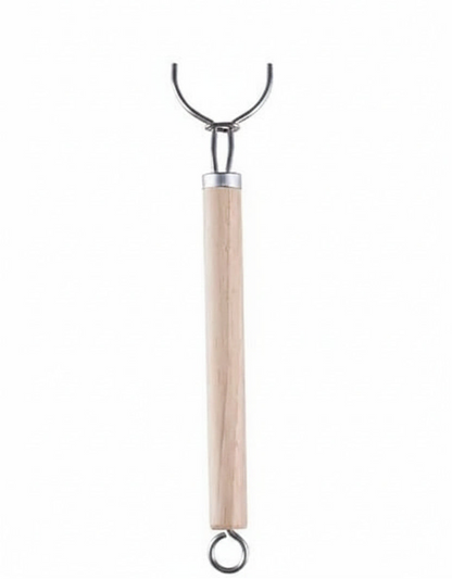 Brush handle with wooden handle and metal hook on a white background