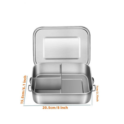 Stainless steel bento box with compartments and measurements on a white background
