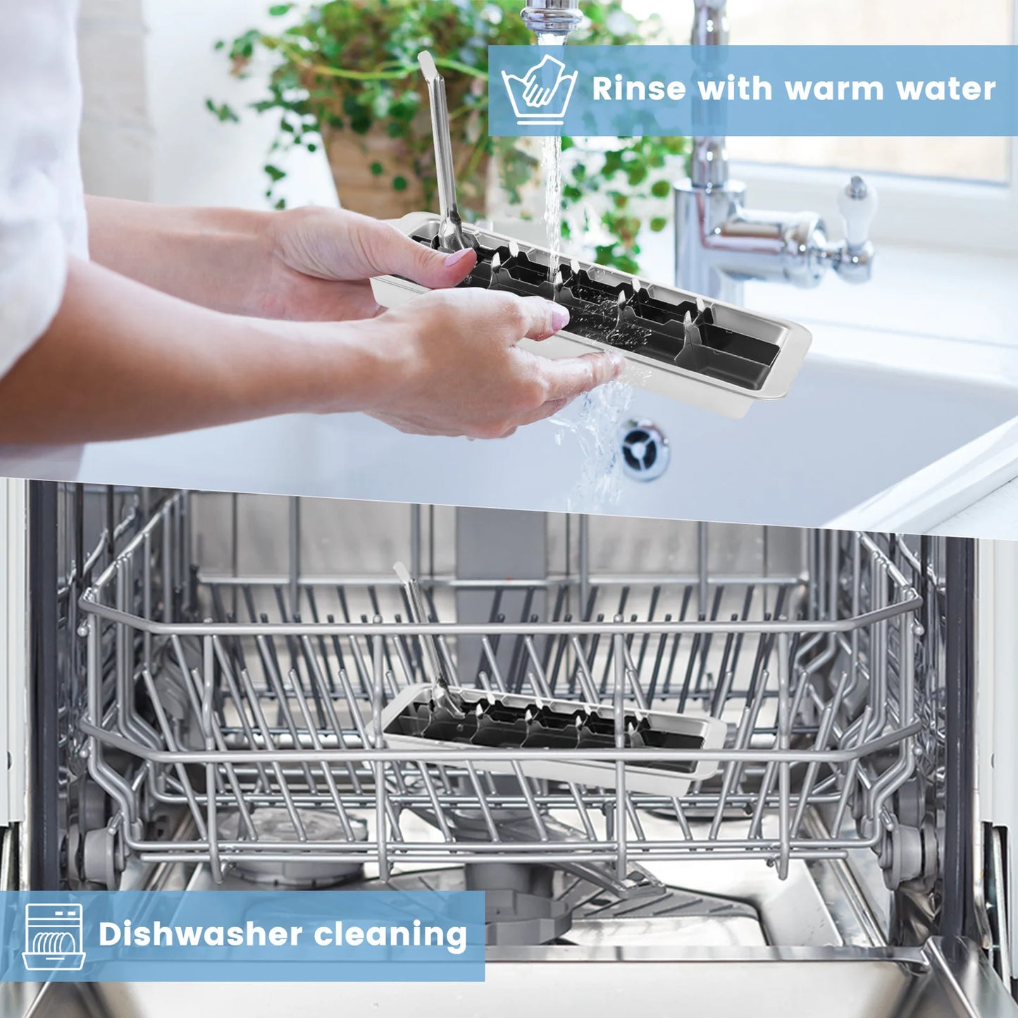 Person cleaning a dishwasher with warm water, with text indicating 'Rinse with warm water' and 'Dishwasher cleaning'.