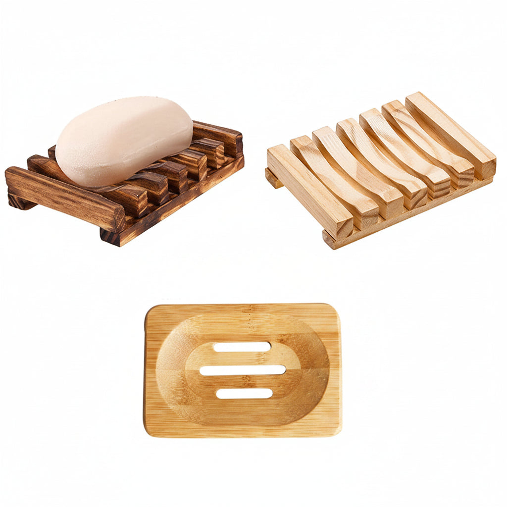 A collection of wooden soap dishes and a sponge, arranged horizontally.